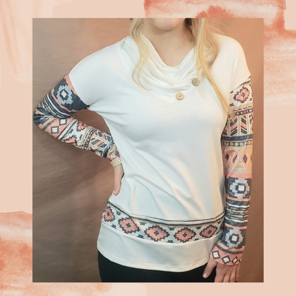 White Cowl Neck Long Sleeve Sedona Southwestern Print Tee